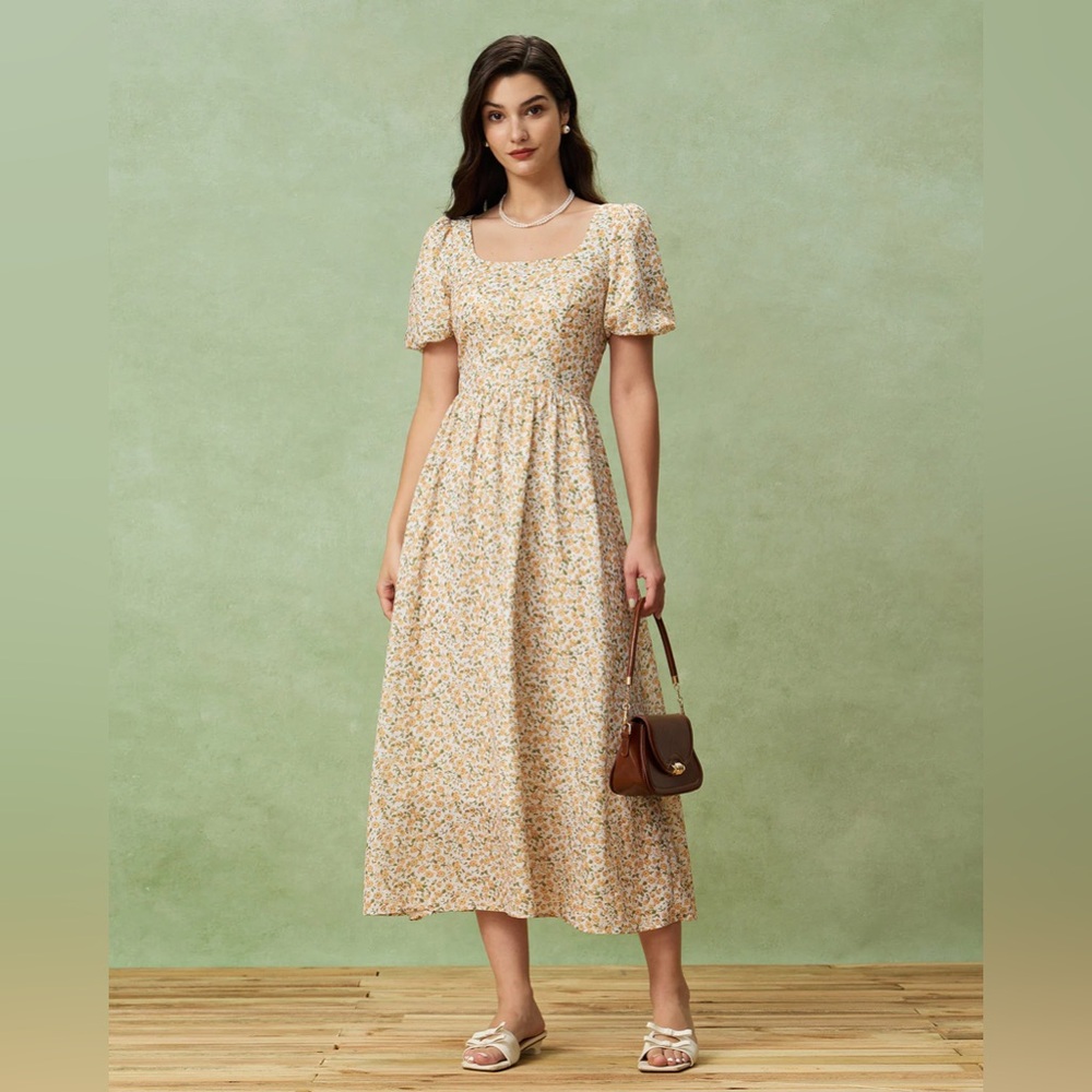 Rihoas Yellow Floral Puffed Sleeve Midi Dress